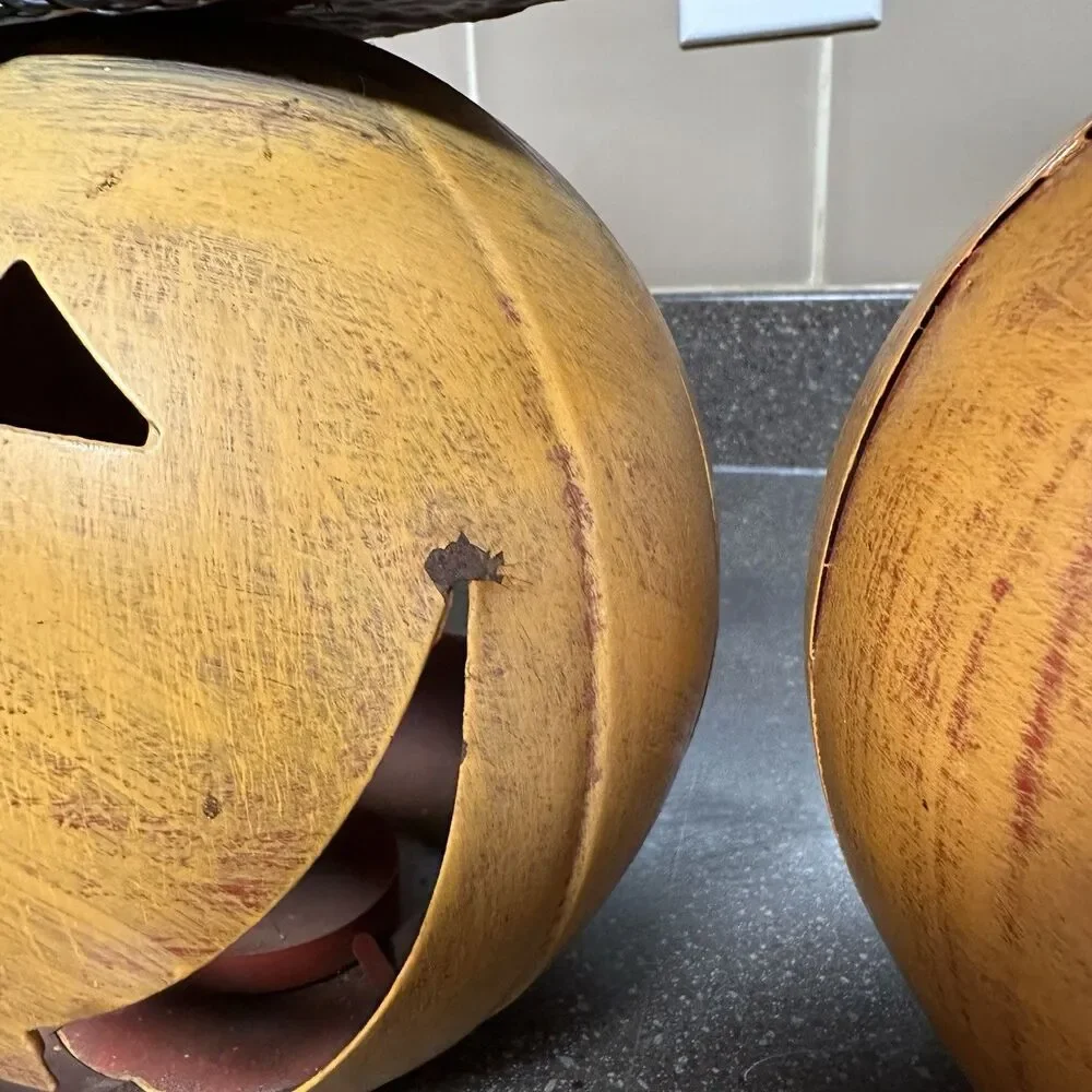 Set of 2 Halloween Metal Pumpkin Lanterns – Witch Hats w/ Bat & Ghosts 15”